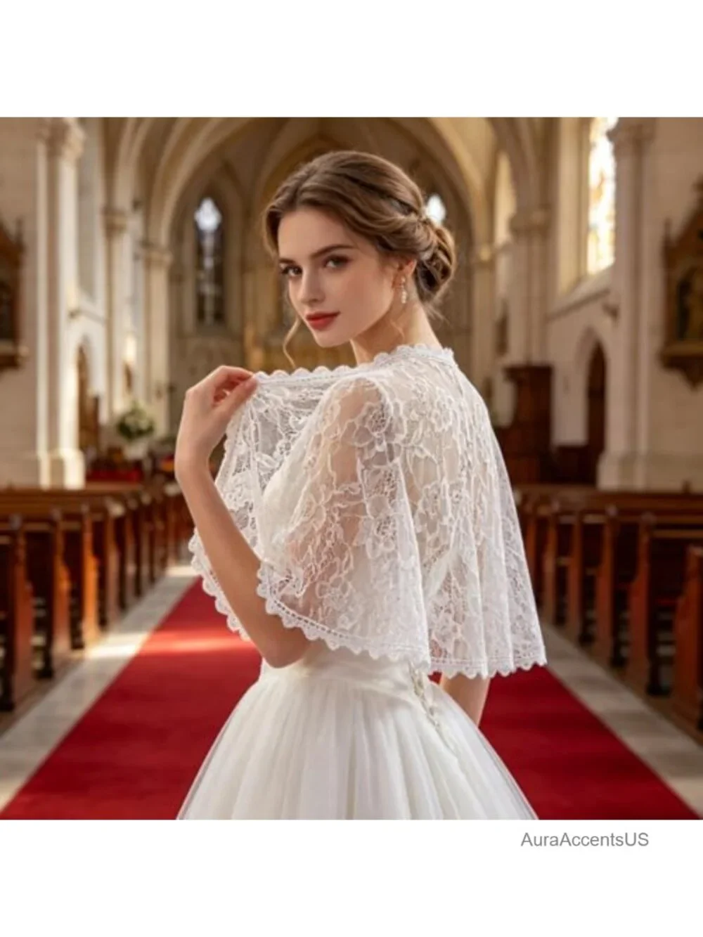 Lace Wedding Shawl Wrap with Pearl Button Elegant Bridal Cape for Evening Dress